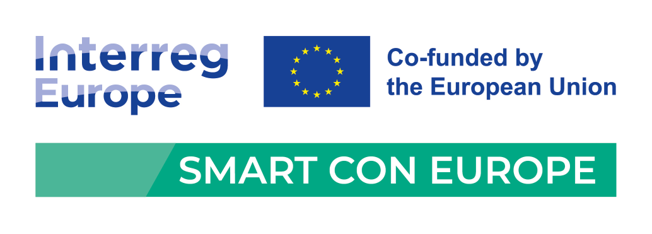 In the picture in the middle is a blue flag with yellow stars forming a circle. On the left side of the flag is the text Interreg Europe and on the right side Co-funded by the European Union. Under the flag it says Smart Con Europe.