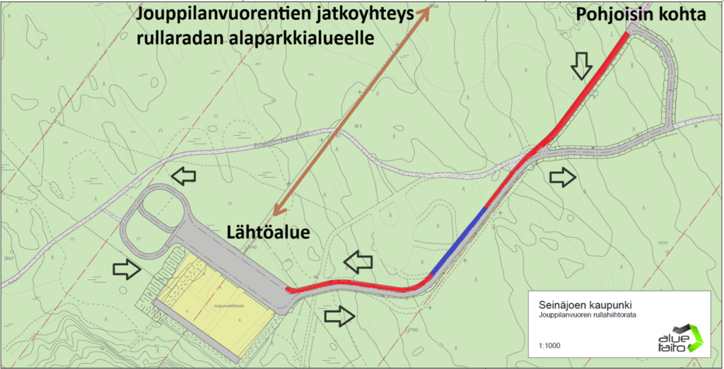 Karttaan merkitty Jouppilanvuoren rullarata ja tie lähtöalueelle