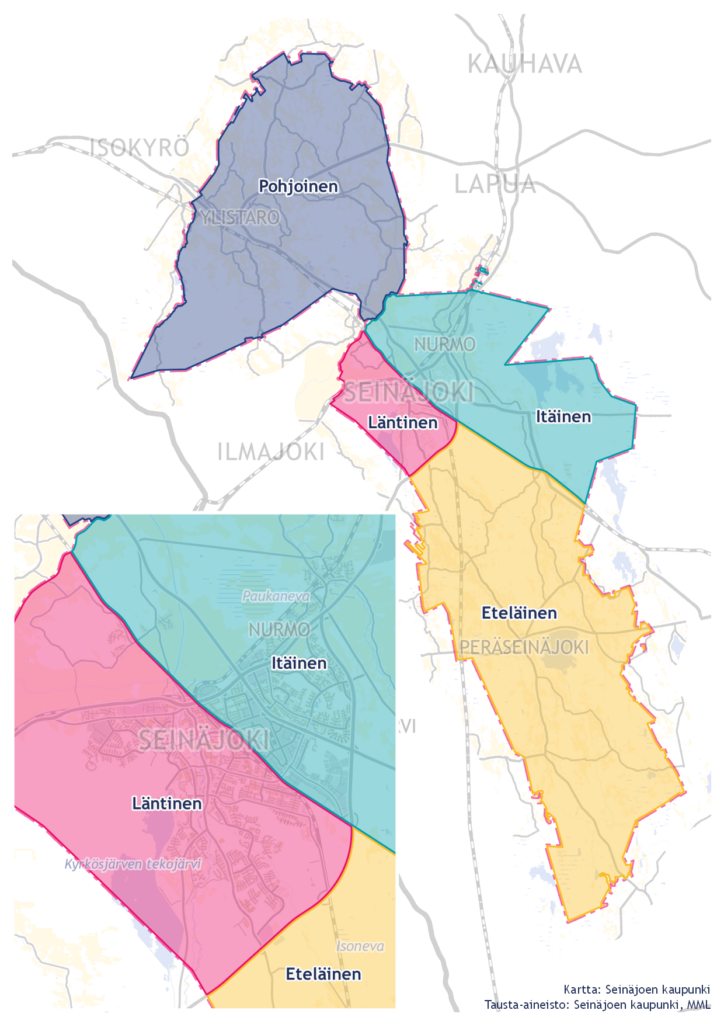 Kartta kuva, jossa Seinäjoen alue on jaettu neljään eri alueeseen: pohjoinen, itäinen, eteläinen ja läntinen alue. Alueet on värikoodattu eri värisiksi.